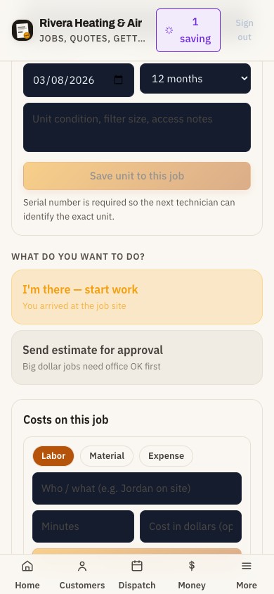 JobCard job screen with no signal: the header reads 1 saving while the change is held on the phone