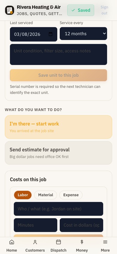 The real JobCard mobile job screen after reconnecting, with the Saved state visible